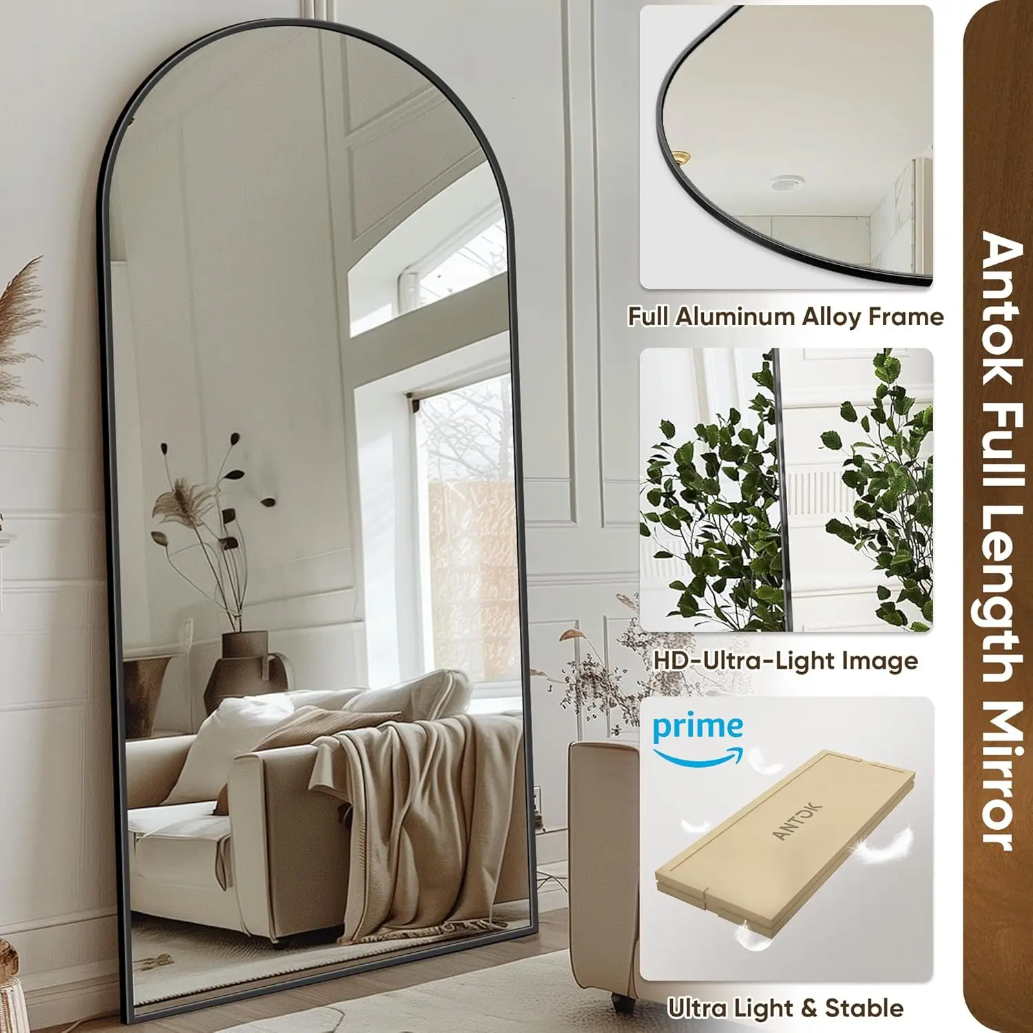 Miroir pleine longueur, miroir de sol de 76 po x 34 po, miroir autoportant sur pied en arc complet avec support pour chambre à coucher, Hangi