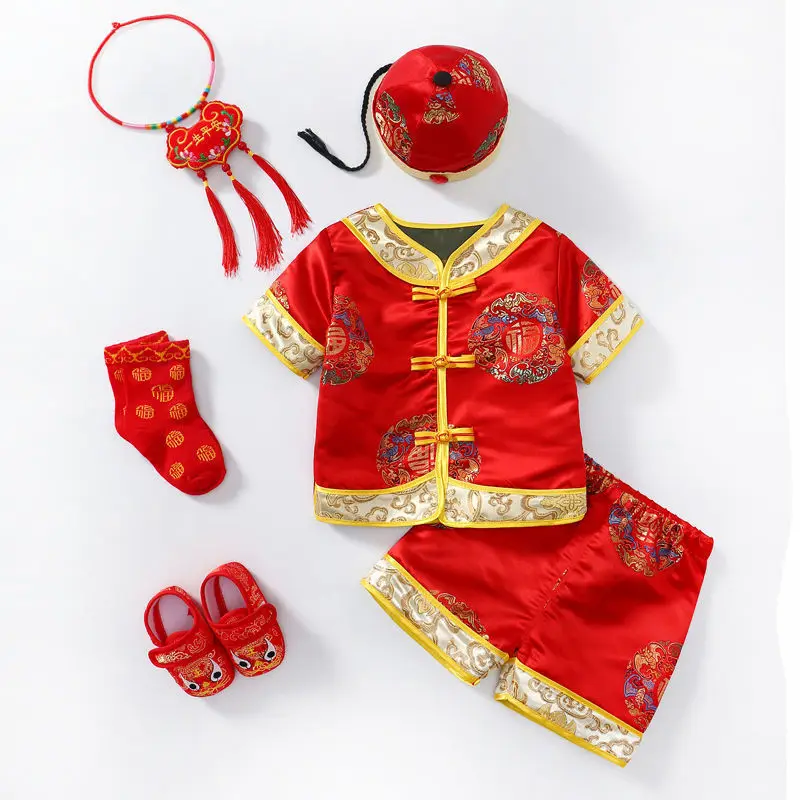 Children Tang Suit Photography Clothes Chinese Traditional New Year Costume Newborn Baby Hanfu Hat Kids Short Sleeved Shorts