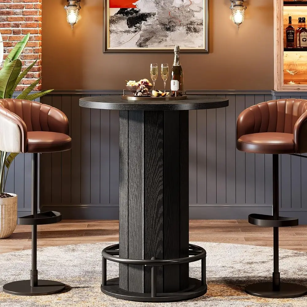 

39.4 High Wooden Bistro Table with Metal Ring Base, Ideal for Pub, Dining, and Living Rooms, Black