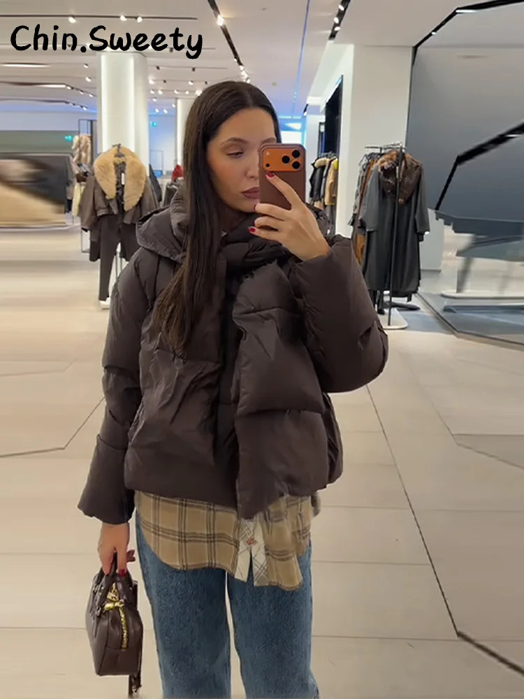 المرأة الدافئة انفصال وشاح طوق مقنعين معطف القطن الصلبة كم كامل أزرار جيب رشاقته سترة 2025 الشتاء سيدة أبلى