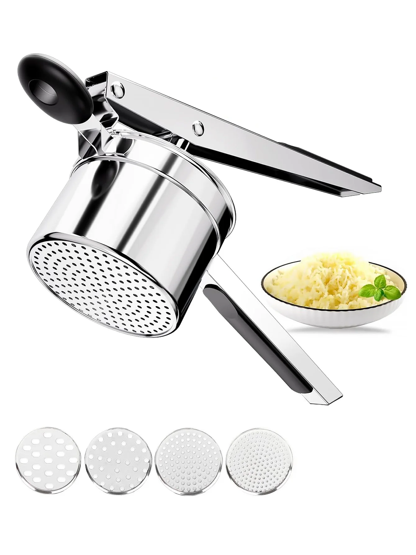 Ricer de patatas de acero inoxidable de alta resistencia con herramienta de cocina de 4 discos: también funciones como fabricante Spaetzle y exprimidor de limón