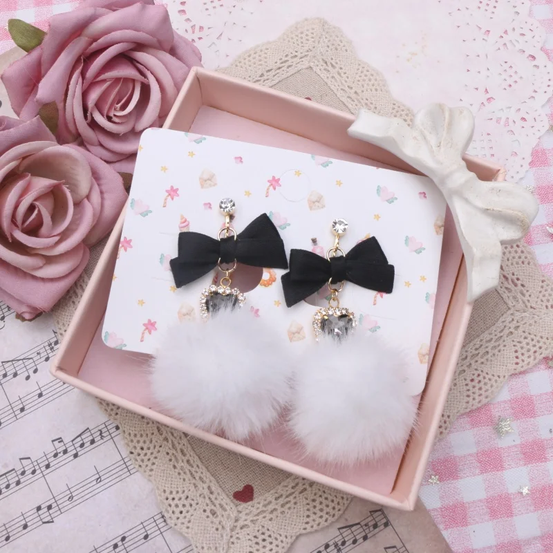 Soft Fur Feminine Earring Winter Ear Accessories Sweet Bowknot Heart Shape Rhinestone Pendant Kawaii Lolita Girl Y2K Earrings