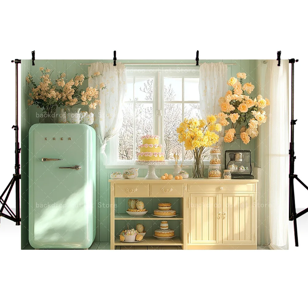 Mehofond Spring Kitchen Backdrops Photography Fridge Cabinet Flower Decorations Kids Children Photo Backgrounds Props