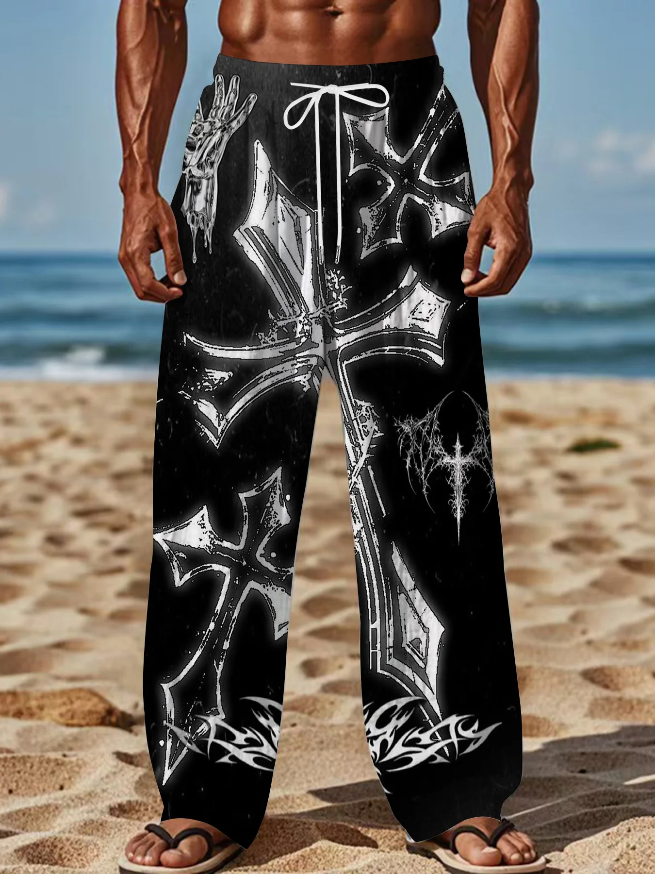 Unisex Straight-Leg Jogginghose mit Gothic-Kreuz-Tribal-Print, Y2K Punk Hip Hop Streetwear, Alltags-Outdoor-Modehose – Detail 17