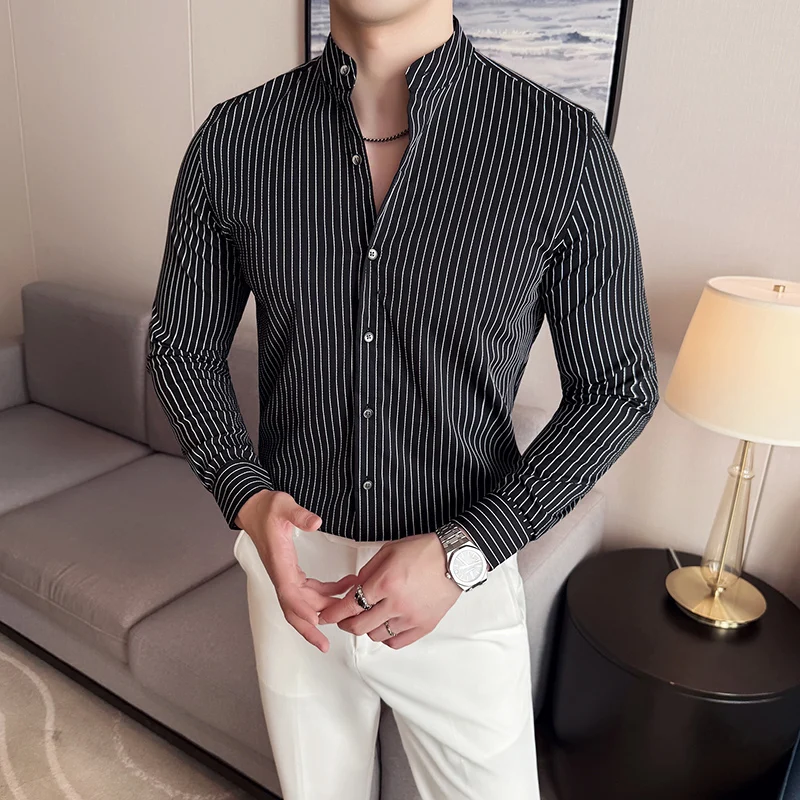 

Полосатая рубашка в китайском стиле с воротником-стойкой, мужская корейская летняя приталенная рубашка без железа, повседневные деловые классические рубашки, мужская одежда