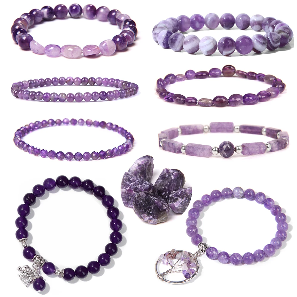 Exquisite Natural Amethyst Bracelet Gems Quartz Purple Crystal Stone Bracelet Women Jewelry Male Bangle Stretch Cure Relief