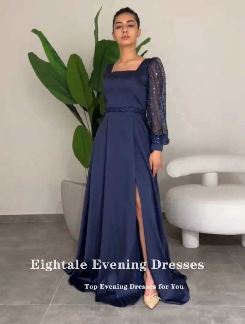 Eightale Navy Blue Evening Dress Long Sleeves Sequined A-Line Belt Side Slit Satin Prom Wedding Party Gowns  Hochzeitspartykleid