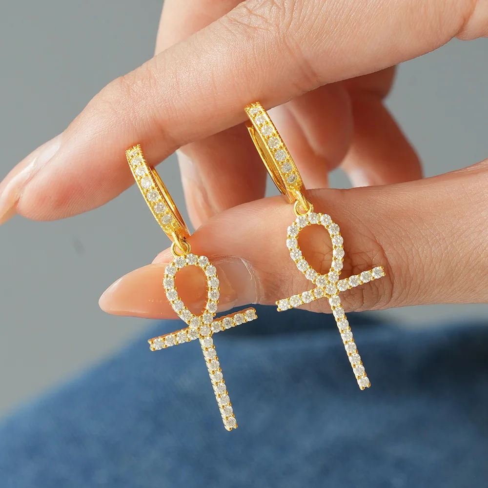 

Custom Hot Selling 925 Sterling Silver 18k Gold Plated VVS GRA Moissanite Simple Cross Dangle Hoop Earrings for Women
