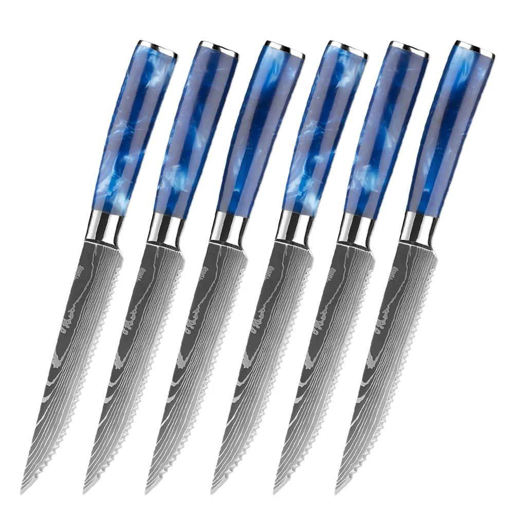 Steak Knife Set Blue Resin Handle Laser Damascus Pattern Sharp Serrated Cut Meat Fruit Knife Kitchen Restaurant Steak Knives