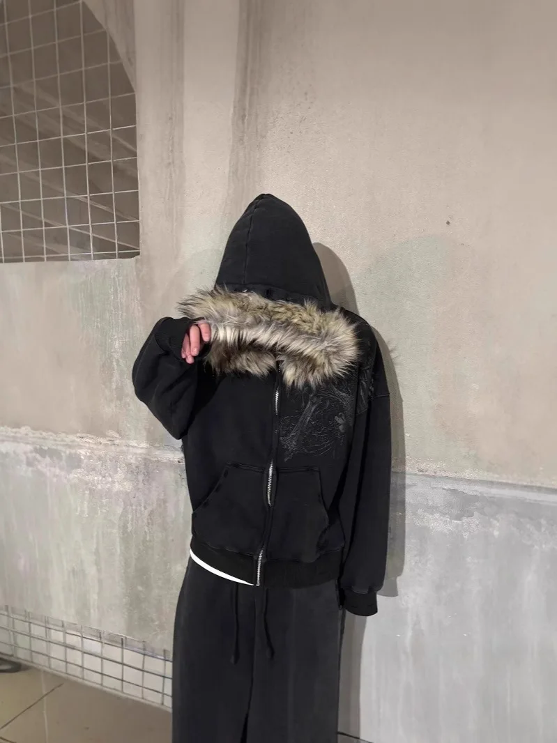 เสื้อฮู้ดดี้สไตล์ Y2K สำหรับผู้หญิง ฤดูใบไม้ร่วง/ฤดูหนาว  แต่งปกขนเฟอร์เทียม  ลายกราฟิก ฮิปฮอป พังก์ กอธิค  แบบซิป  คอลเลคชั่นใหม่ 2025