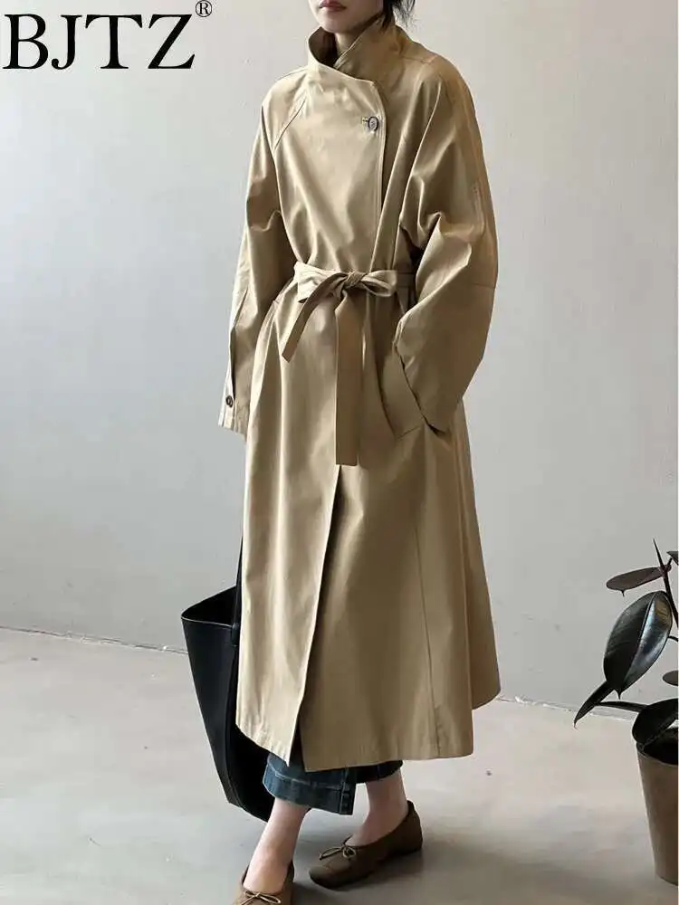 

BJTZ Vintage Stand Up Collar One Button Mid Length Trench Coat For Women 2025 Spring Autumn New Trendy Lace-up Waist Overcoat