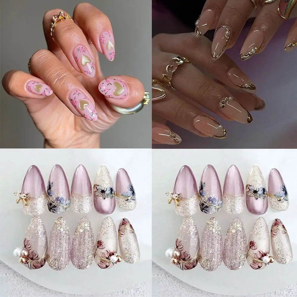 24 Stück lange Mandel-Kunstnägel, französische Perlenschleife, feiner Glitzer, zum Aufdrücken der Nägel, lila Blumen, funkelnde Strasssteine, Nagelspitzen zum Selbermachen