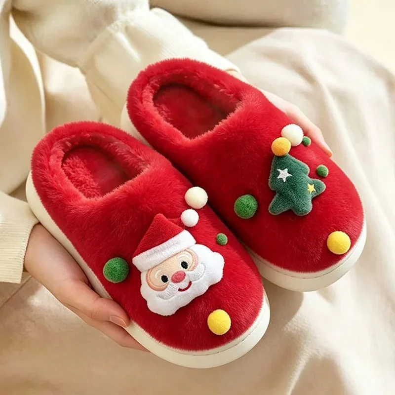 Women Christmas Plush Slippers Cute Cartoon Warm Fur Slides Couples Non-Slip Soft Sole Platform Indoor Home Cotton Slippers
