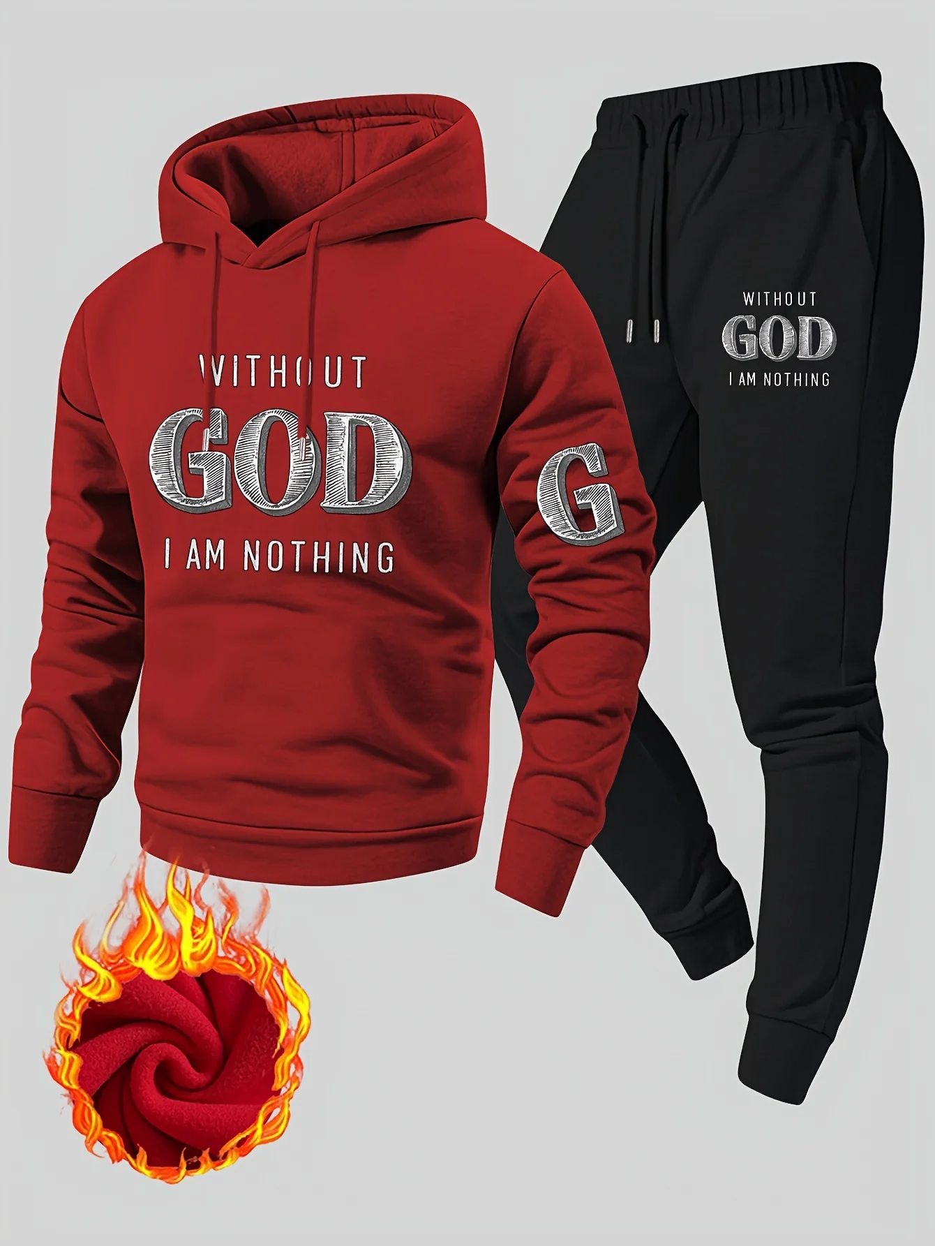 Men Fleece Lined 2 Pieces Sport Tracksuit Religious Slogan Graphic Print Hooded Pullove Hoodie Drawstring Jogger PantsStreetwear