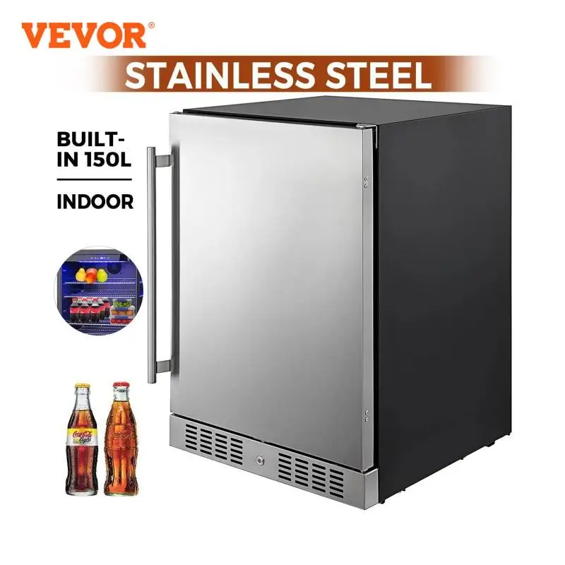 VEVOR 150L Refrigerator Built-in Under Counter 5.3 cu.ft. Stainless Steel Beverage Cooler for Restaurant Bar Cafe Cooling Drink 