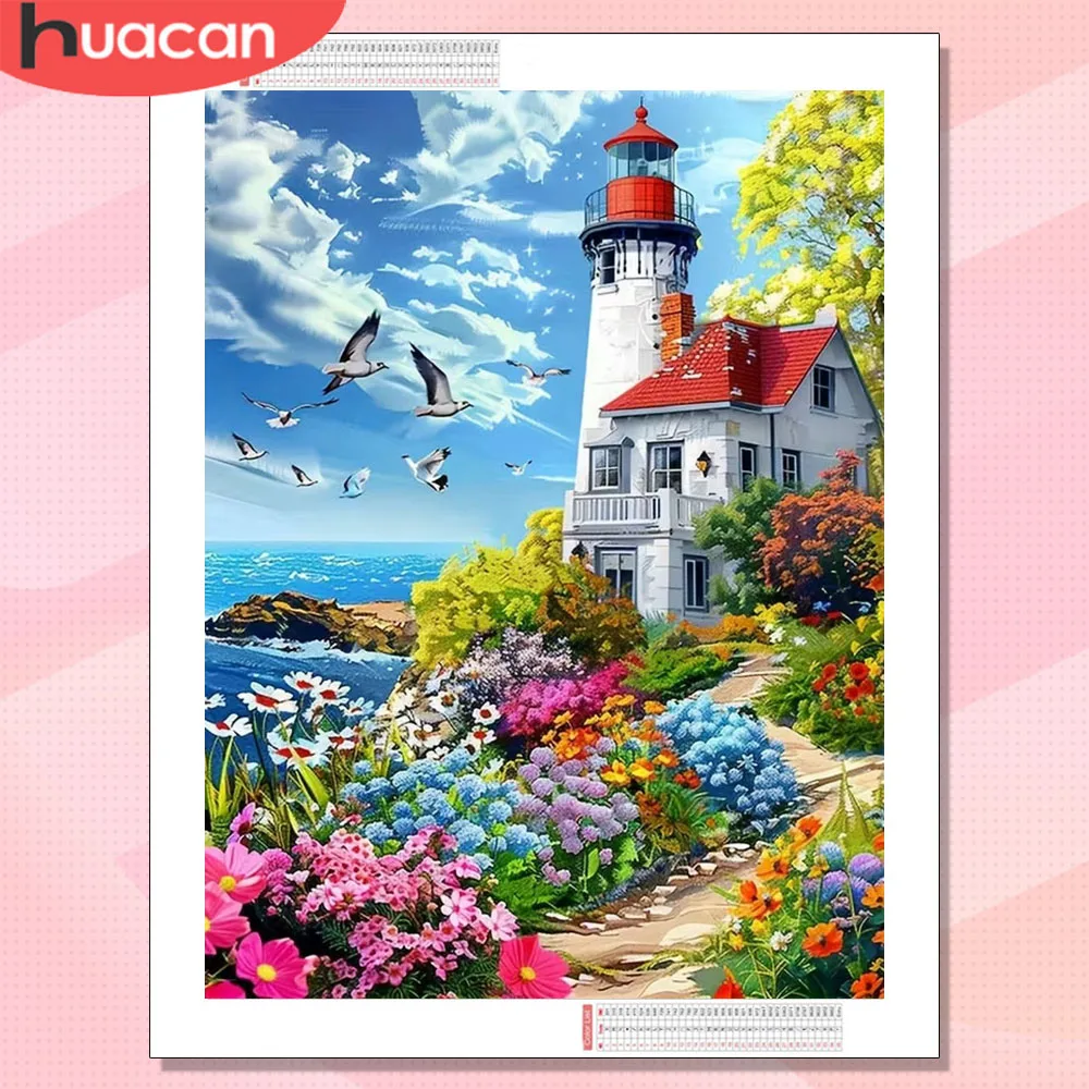 HUACAN 5d diy Diamond Mosaic Lighthouse Landscape Cross Stitch Picture Of Rhinestones Painting Flower Seaside Home Decor