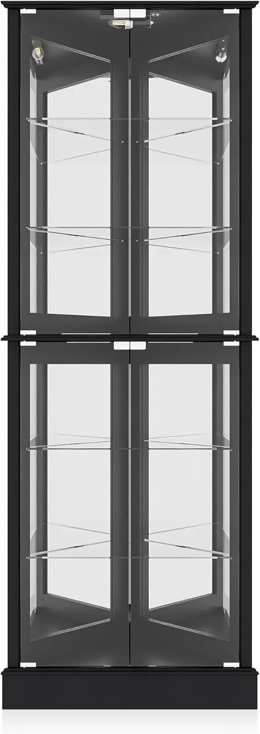 BELLEZE lighted accent corner display cabinet with tempered glass doors and shelves, perfect for living room, bedroom,