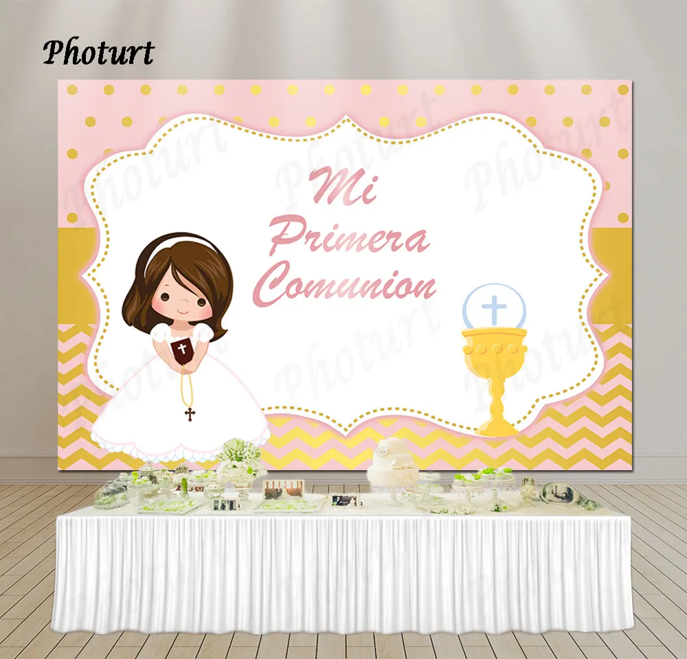 Mi Primera Comunion Baptism Bautizo Backdrop Baby Shower Birthday Background Angel Kids Vinyl Polyester Photography Banner