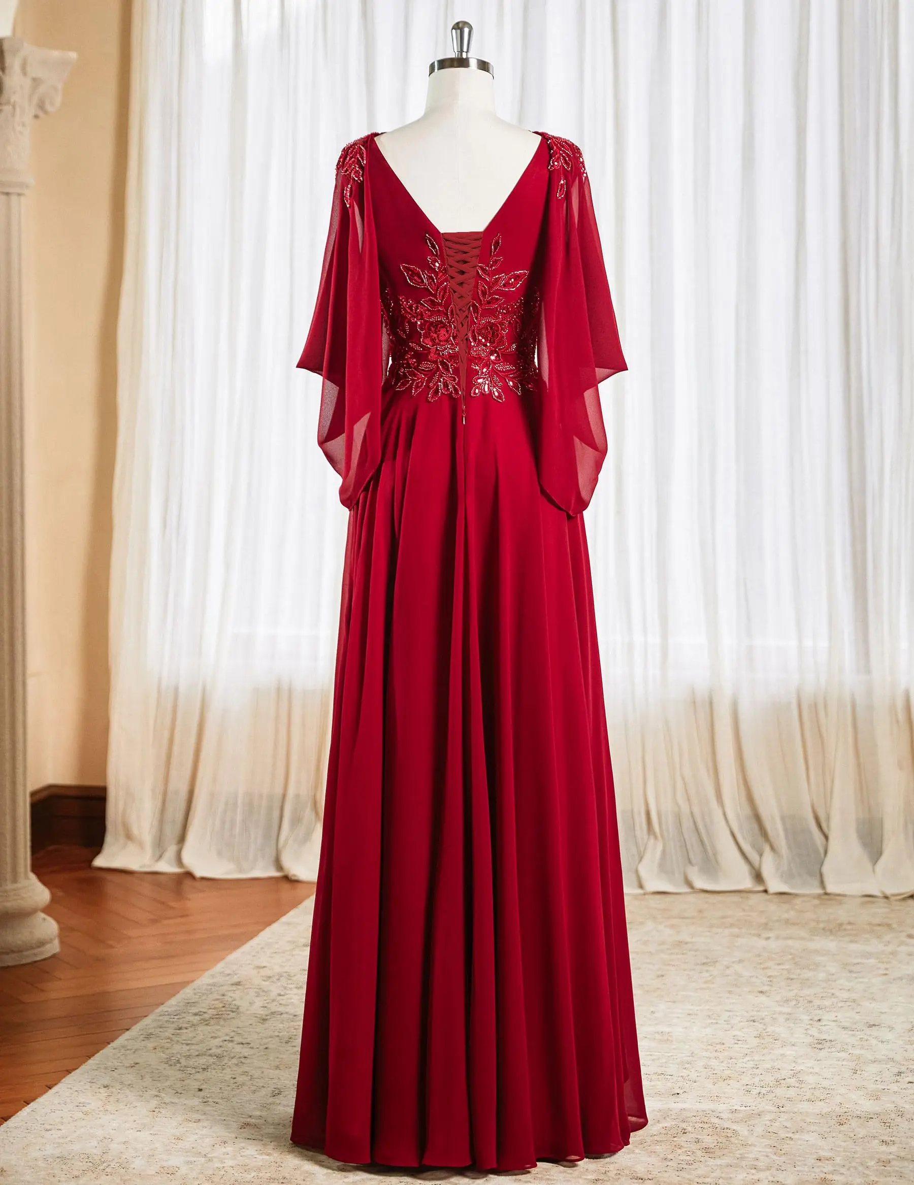 브이넥 쉬폰 신부 어머니 드레스 레이스 아플리케 여성용 정장 드레스 긴 이브닝 가운(소매 포함)