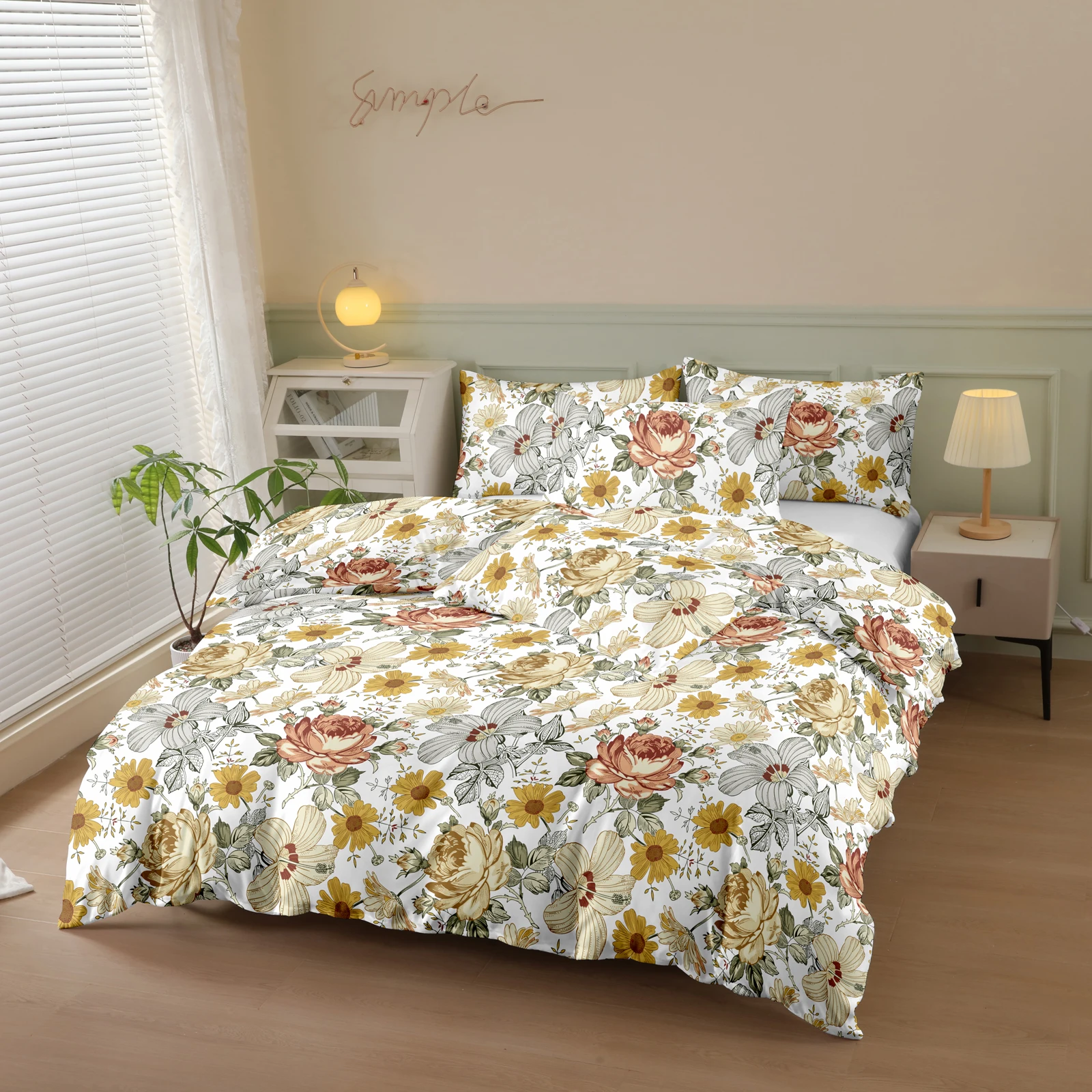 Floral Style Printed Thickened Brushed Printed Duvet Cover Three-Piece Set (2 Pillowcases + 1 Duvet Cover) Polyester Fiber Bedspread 3-Piece Set Ultra Soft and Comfortable Polyester Breathable Bedding Duvet Cover Set Suitable for Bedrooms and Guesthouses (Bedspread + Pillowcases, Without Quilt and Pillow Core) Zippered Duvet Cover + Pocket Pillowcase Multiple Colors Available Four Seasons Use