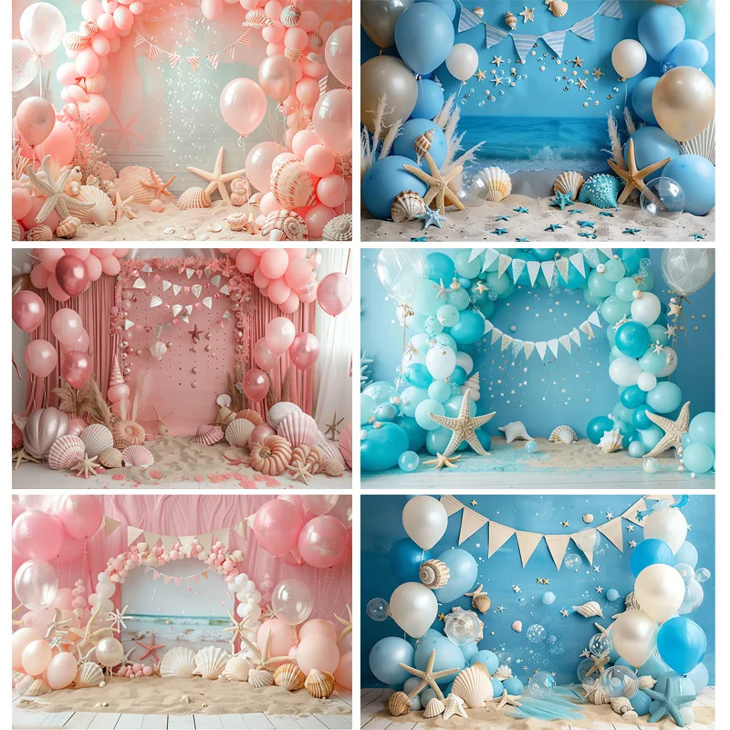 

Sea Shells&Stars Arched Shimmering Balloon Garland Happy Birthday Photography Background Baby Party Photo Studio Backdrops FB-11