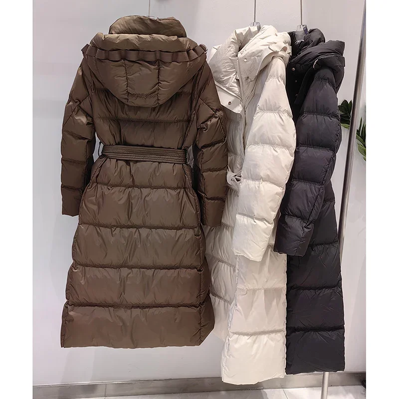 Schinteon 여성용 화이트 덕 다운 롱 재킷, 따뜻한 오피스 레이디 슬림 아웃웨어, 후드 벨트 포함, 심플 스타일, 가을, 겨울, 2024 신상