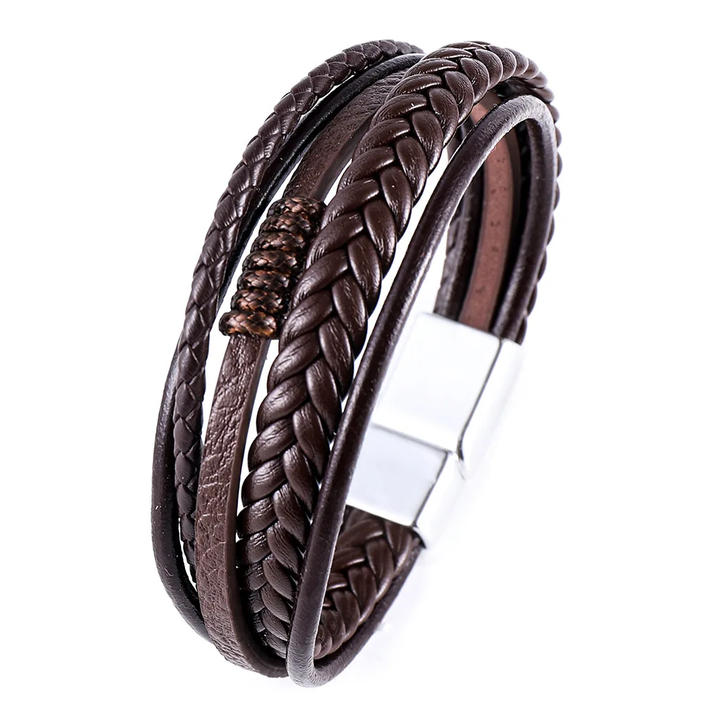 Meerlaagse gevlochten touwarmbanden voor mannen, klassieke handgemaakte PU-lederen polsband met magnetische gesp, trendy punk-sieradencadeau