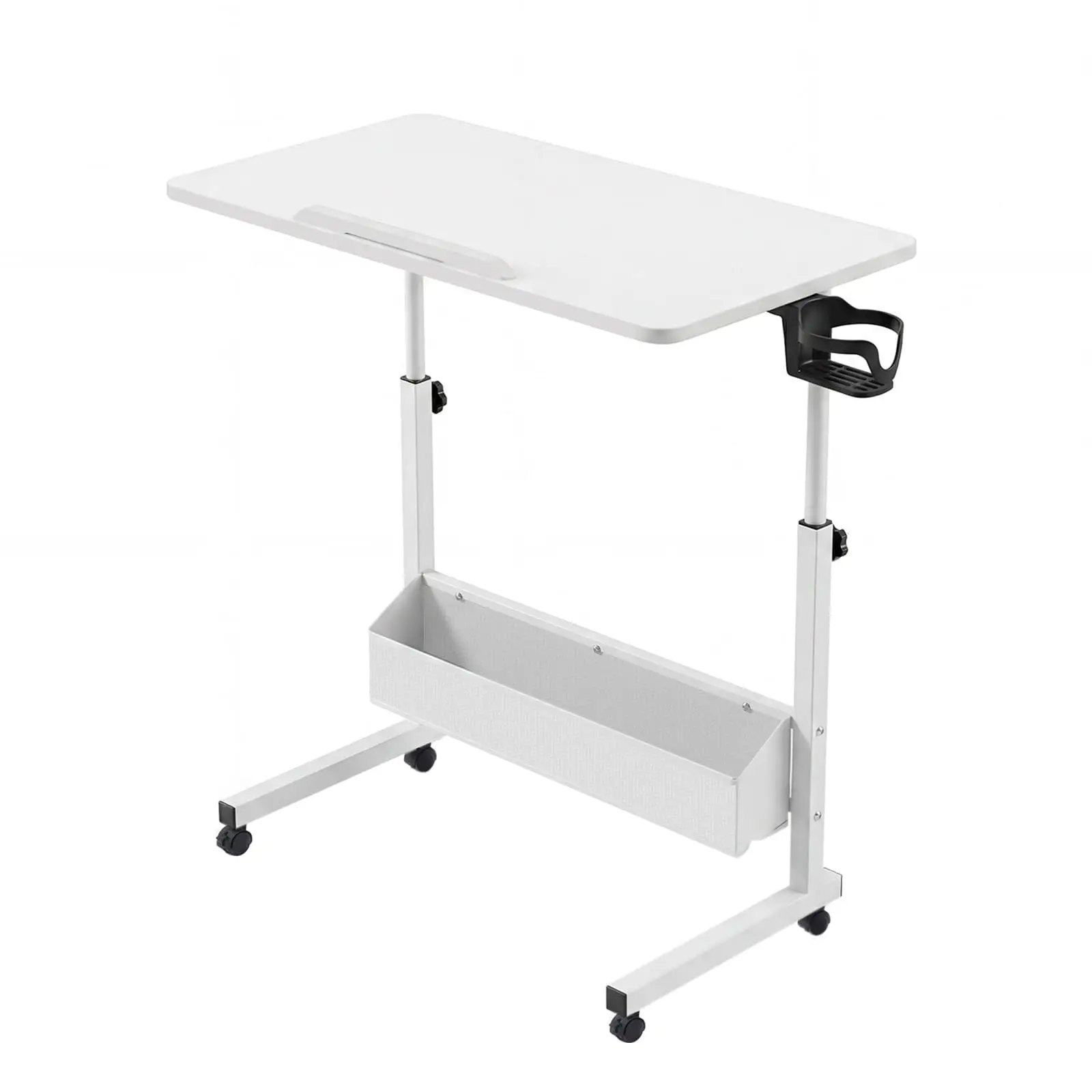 Adjustable Height Rolling Laptop Desk with Wheels, Mobile Overbed Side Table with Cup Holder & Storage Box, Portable Computer Workstation for Bedroom Sofa Home Office