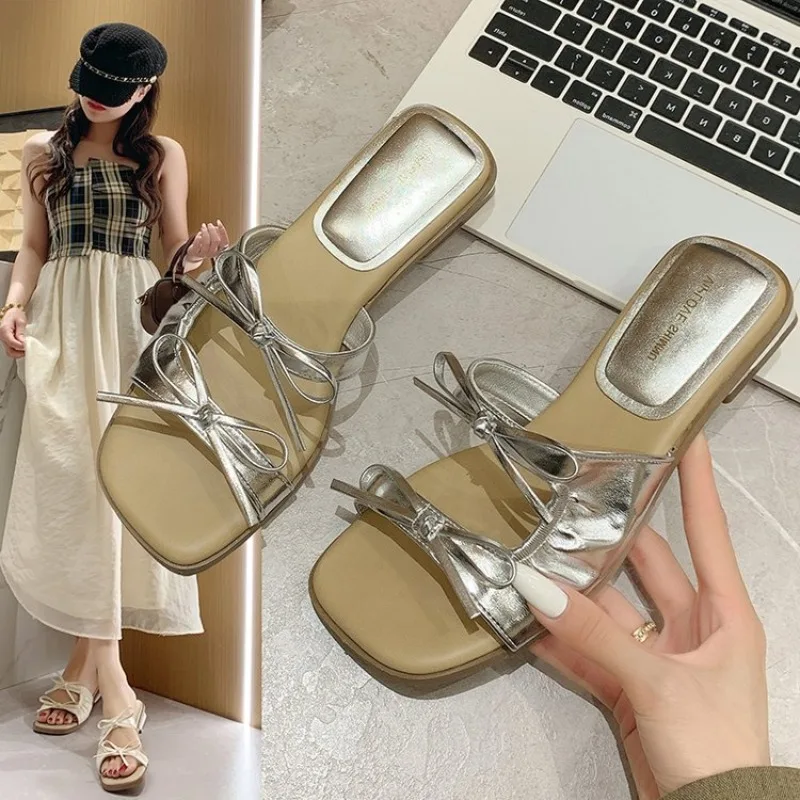 

Butterfly-knot Peep Toe Women Slippers Fashion Thin Heels Sandals Casual Party Dress Slide Summer Shoes Fashion Casual New