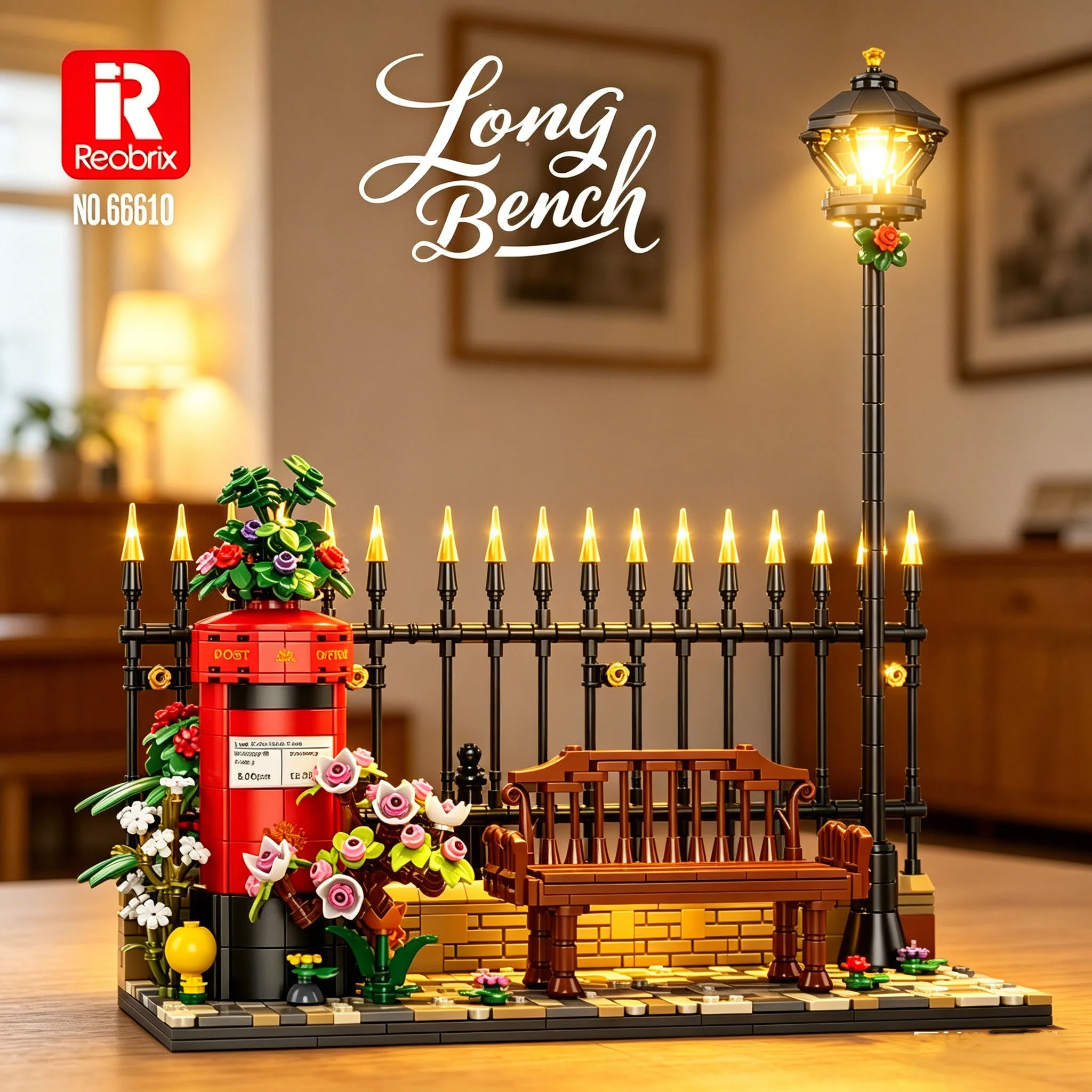 

1057PCS Post Box Long Bench Building Blocks British Street Scene Model Set With LED Light Flower Fence DIY Brick Toy Adult Gifts