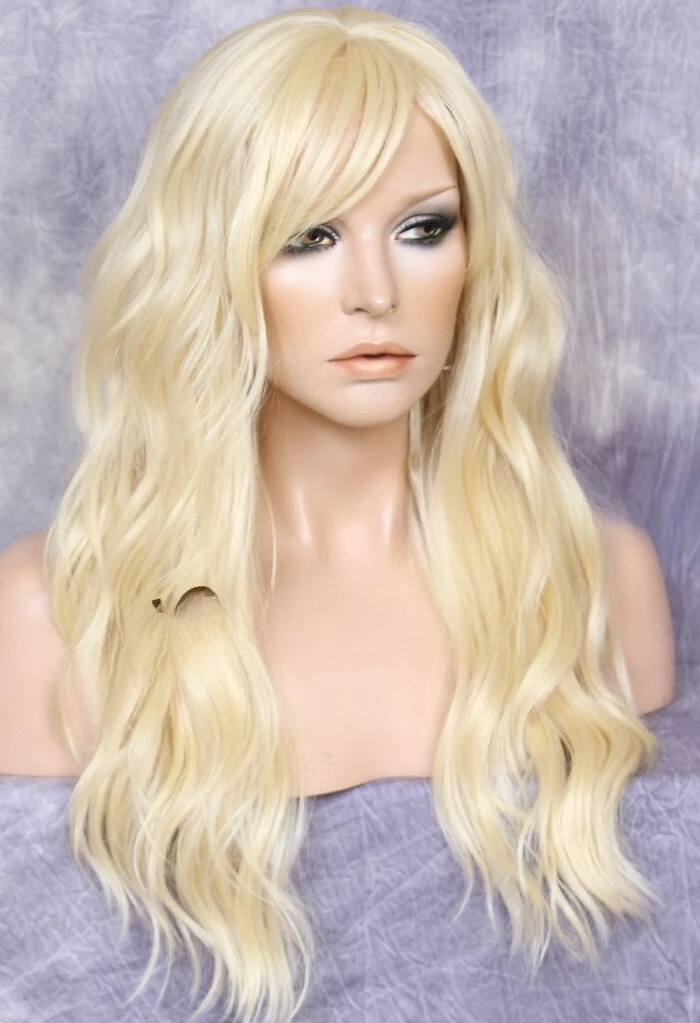 

Long Beach Wavy Yellow Blonde hair Blend Full Wig Heat OK Bangs FBW 613