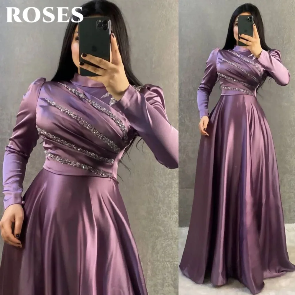 

ROSES Purple Classic Prom Dresses High Neck Long sleeve Prom Gown Satin Beadwork Formal Gown for Woman فساتين السهرة Customized