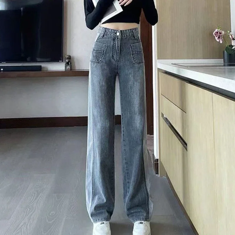 

Trousers Straight Leg Gray with Pockets Pants for Women High Waist Shot Womens Jeans Spring Medium A Fitted Retro Denim Hippie Z