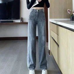 Trousers Straight Leg Gray with Pockets Pants for Women High Waist Shot Womens Jeans Spring Medium A Fitted Retro Denim Hippie Z