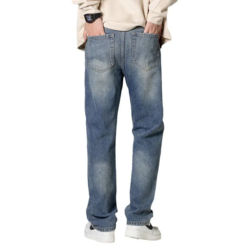 Winter Straight Leg Jeans Men's Solid Color Pleated Texture Made Of Old Cotton High Elastic High Street Denim Pants Zipper 2024