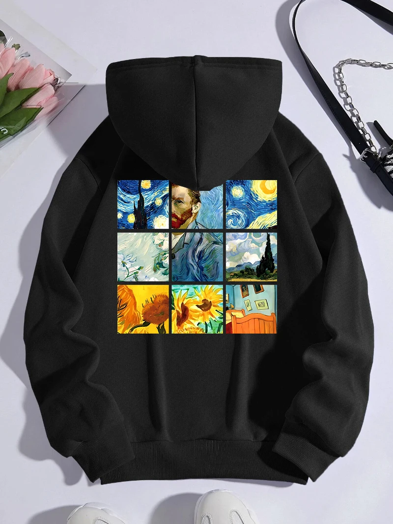 

Fashion Womens Hoodies Van Gogh'S Starry Night And Sunflowers Prints Pullover Warm Fleece Loose Pocket Sweatshirt Winter Clothes