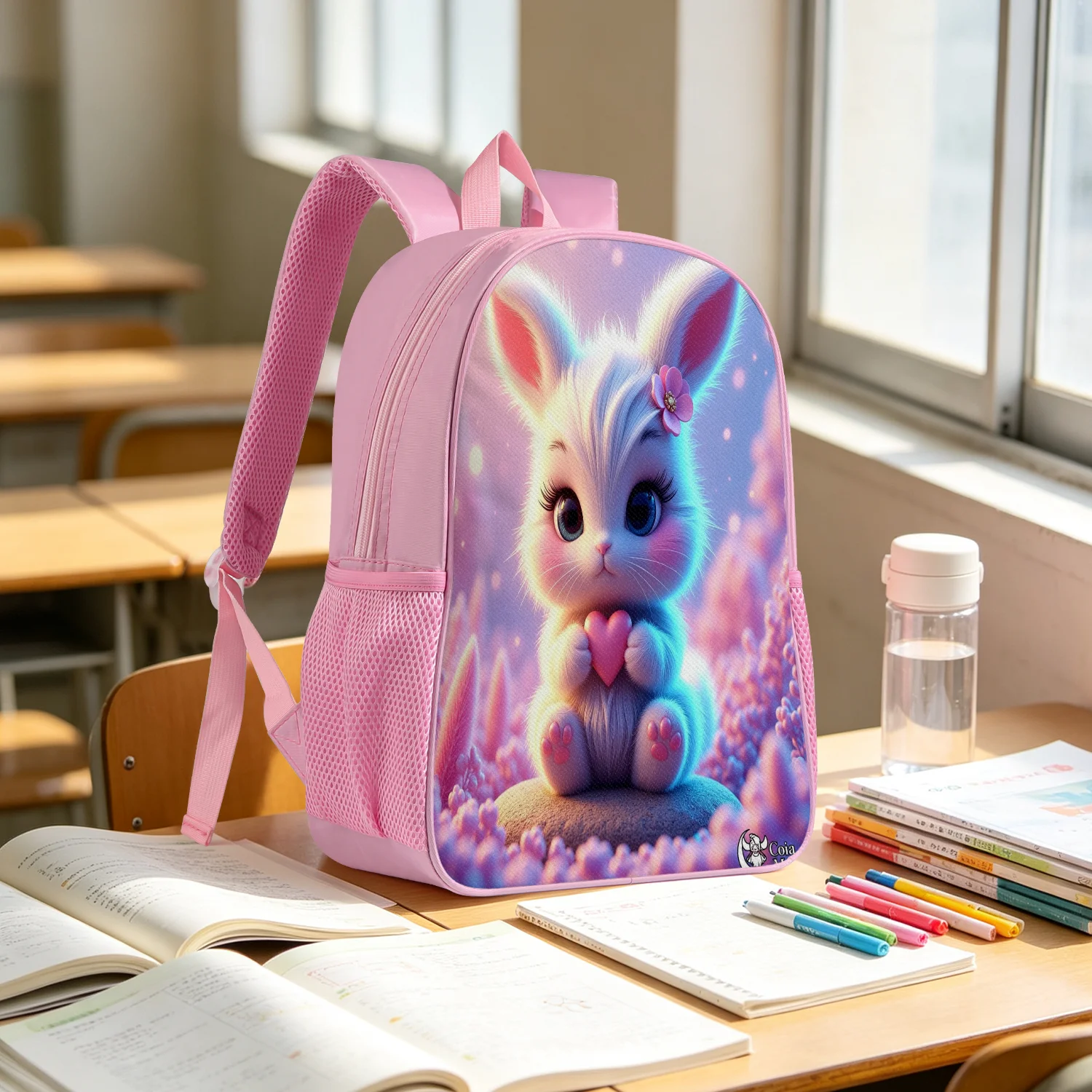Adorable Pink Bunny Backpack Lightweight School Bookbag with Heart Flower Dreamy Cloud Print Adjustable Padded Straps