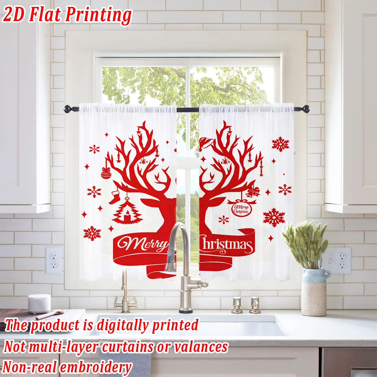 ستارة شفافة للمطبخ بطباعة مسطحة لعيد الميلاد مع زخرفة ندفة الثلج لأشجار عيد الميلاد المجيد لحفلات ديكور المنزل في عيد الميلاد #1