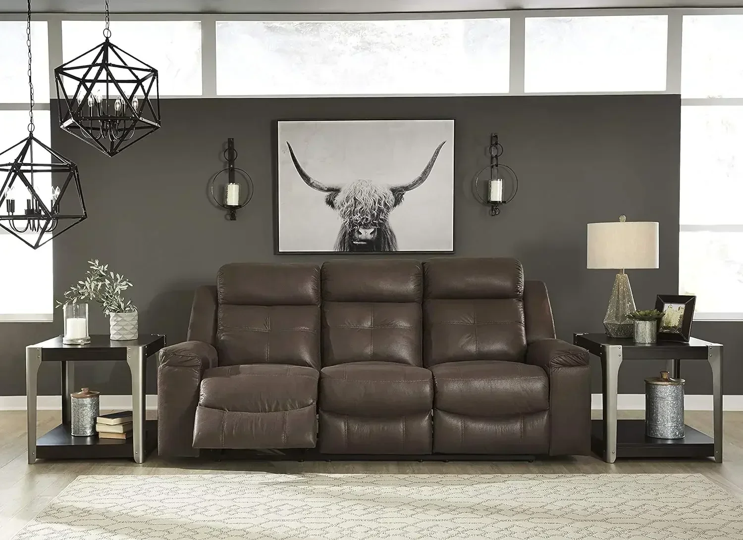 Modern Faux Leather Manual Pull Tab Double Reclining Sofa, Dark Brown