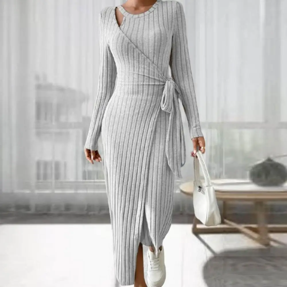 Breathable Women Dress Elegant Lace-up Maxi Dress with Irregular Hem Striped Detail for Women Fall/winter Fashion Statement