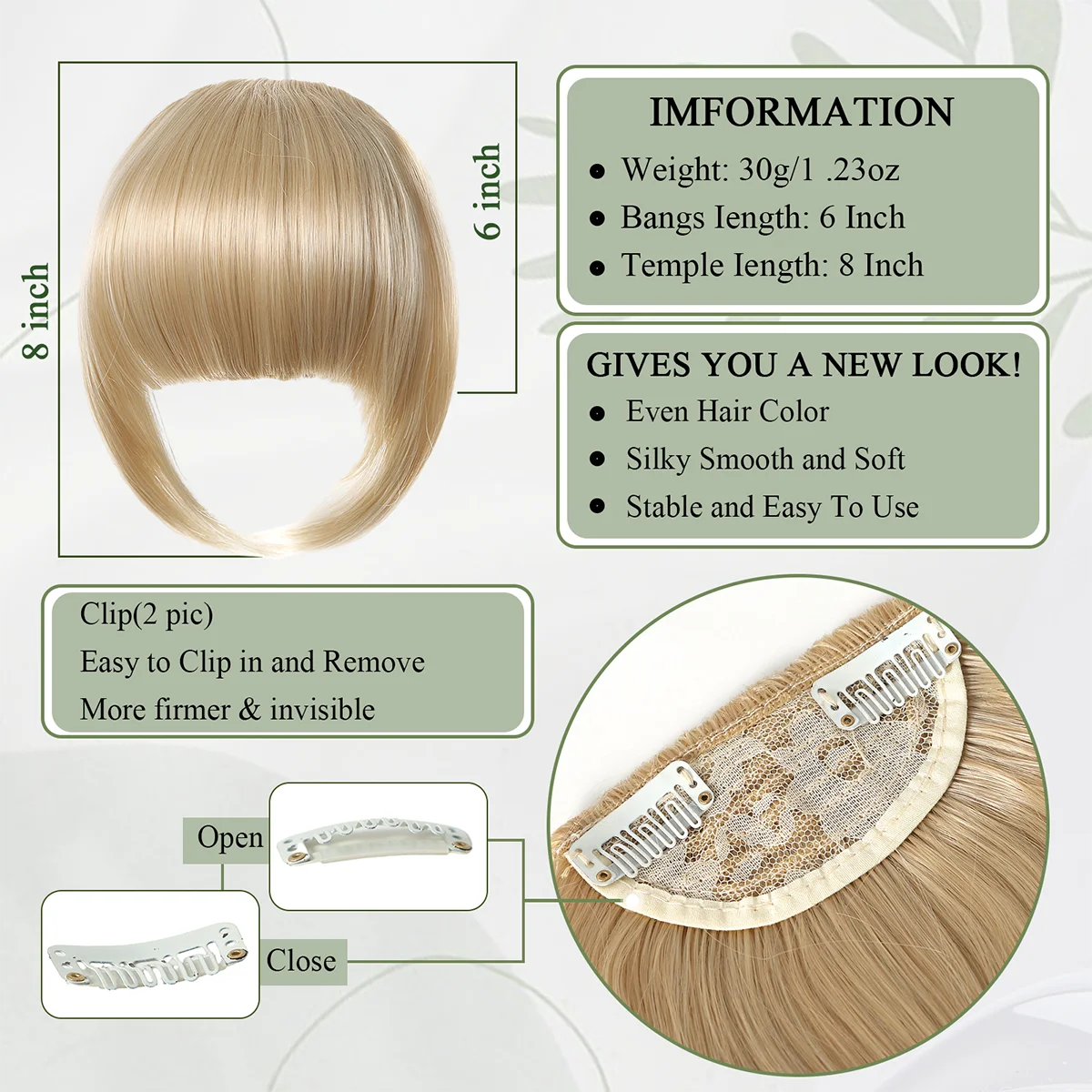 Blond Bangs Clip in Fringe with Temple Hairpieces French Thick Bang Synthetic Hair Extension Women Daily Party Use Clip on Hair