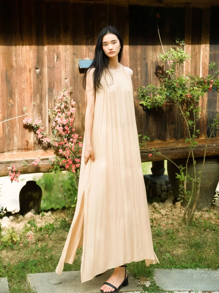 

Romantic Yellow Loose Long Dr with Slit for Beach Vaion Design Sensation Slimming Straight Cut Vintage Sle Gown