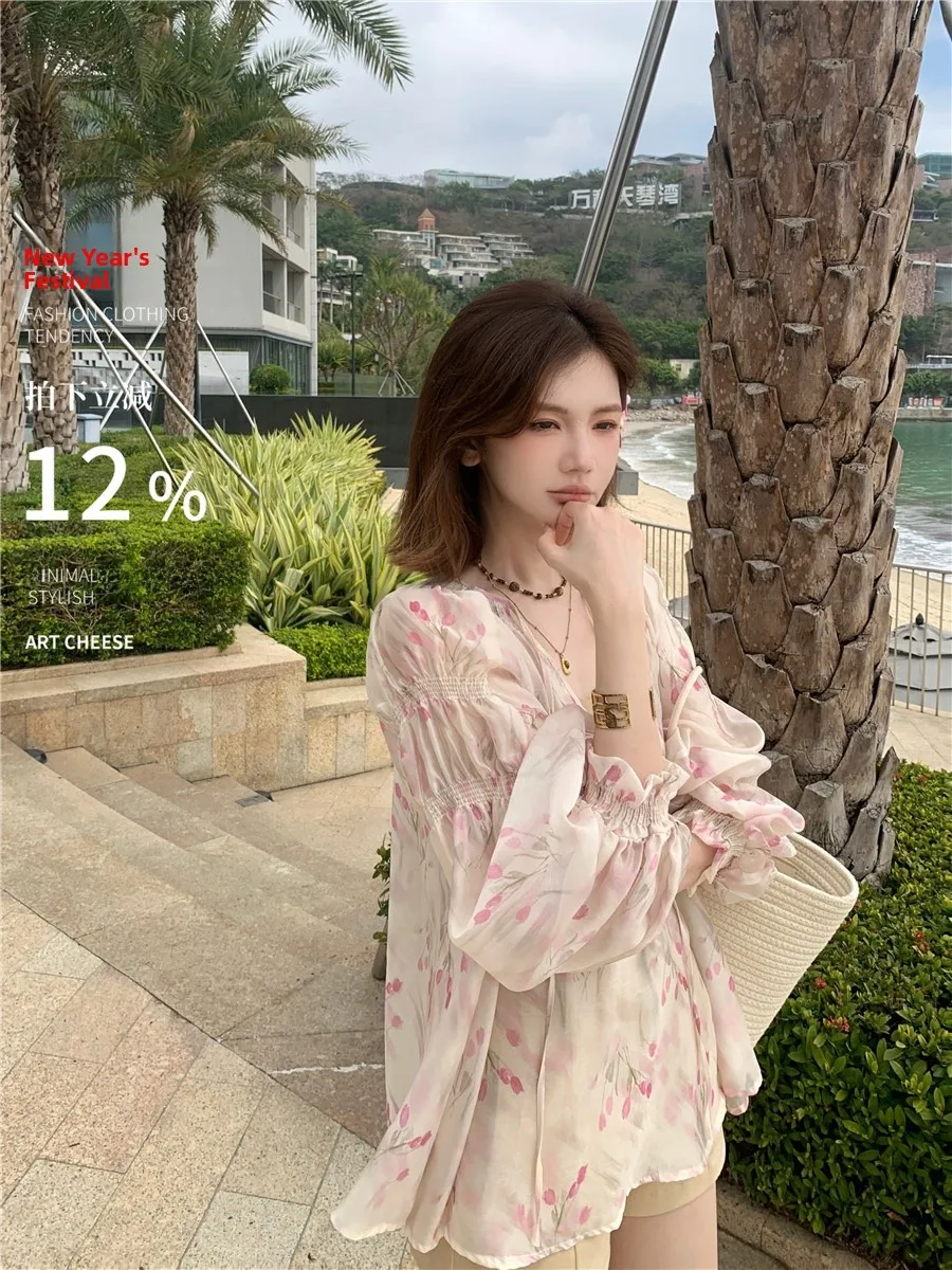 

Женский длинный све, универсальный топ Sweet Floral Cheese Irt, антивозрастной весенний новый свободный крой V-Ne, тонкая модель