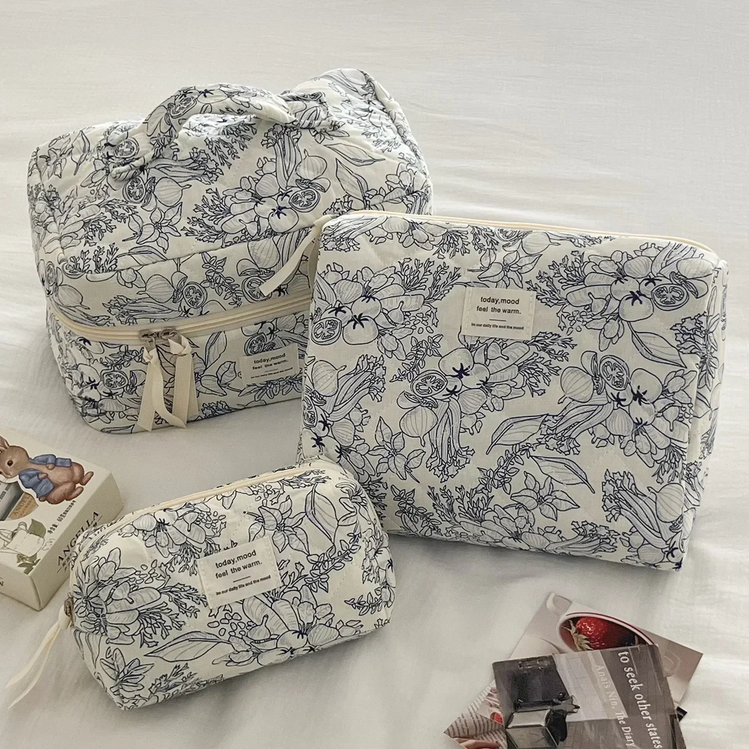 Cute Quilted Cotton Makeup Bag Women Zipper Cosmetic Organizer Female Cloth Handbag Box Shape Portable Toiletry Case For Girls