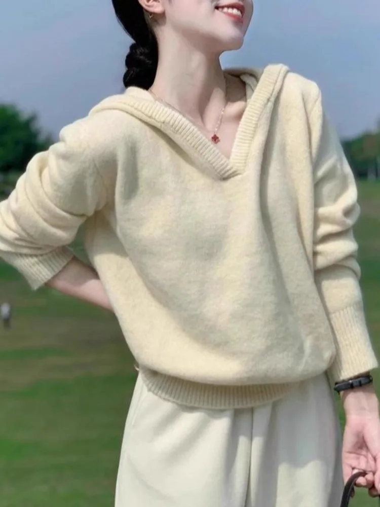 

Klein синяя вязаная свободная толстовка с капюшоном, женский базовый свитер irt, осень-зима, ленивый высококачественный топ для внутренней одежды