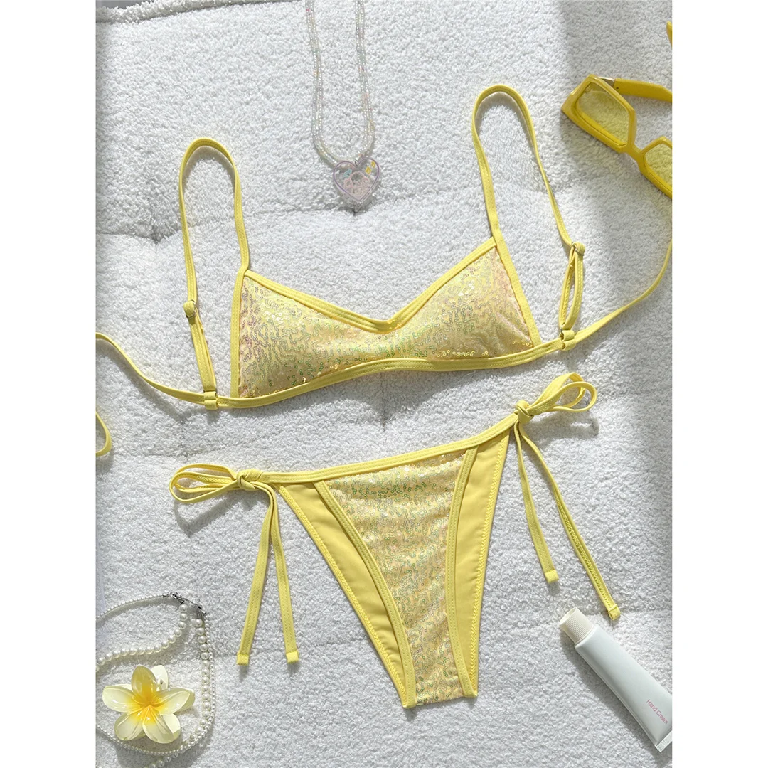 Neuer glänzender Bikini mit Pailletten, Damen-Badeanzug, zweiteiliges Bikini-Set, hoher Beinausschnitt, gepolsterter Badeanzug, Badebekleidung, Modell V8220. – Detail 3