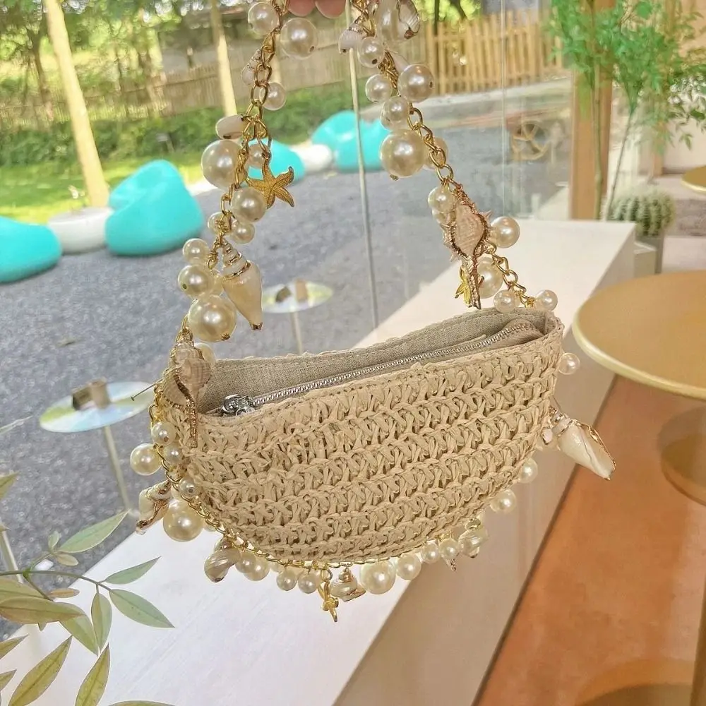 Purses Straw Shoulder Bag Simple Pearls Fashion Beach Bag Large Capacity Handbag Women