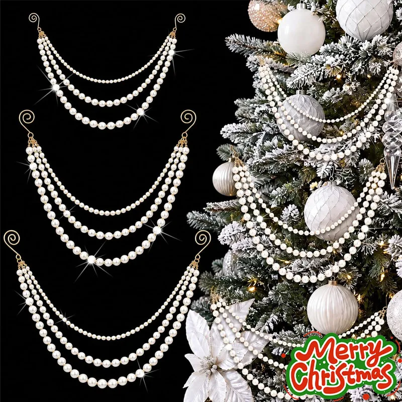 1-10PCS 3 Layer Xmas Tree Pearl Garland Faux Bead Chain Hanging Ornament for Mantel Fireplace DIY Handmade Holiday Festive Decor