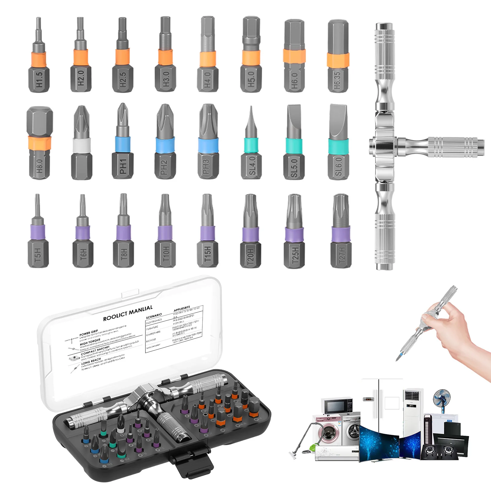 

25 in 1 Ratchet Screwdriver Set Multifunctional Magnetic Screwdriver Repair Tool with 24 Bit and Detachable T Handle for Tight