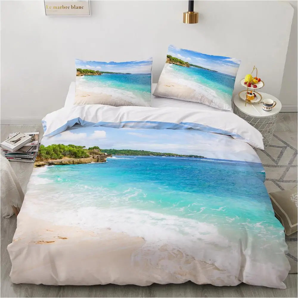 

Ocean Duvet Cover Set King Size Polyester Tropic Ocean Style Sandy Shore And Sea With Waves Escape To Paradise Theme Bedding Set